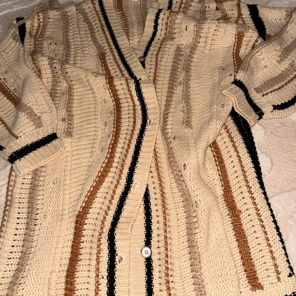 Line & Dot Anthropologie Cream and Brown Striped Cardigan